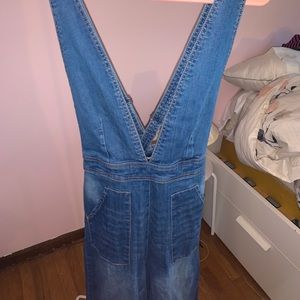 V-Neck Wide Leg Denim Jumpsuit Overalls